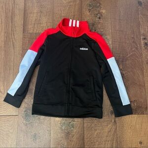 Adidas boy youth full zip track jacket Sz 5 black red white pockets polyester